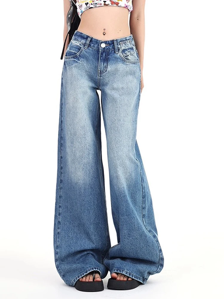 Summer Solid Color Chicly Full Length Loose Straight Women Jeans American Vintage Low Waist Fashion Washed Female Wide Leg Pants