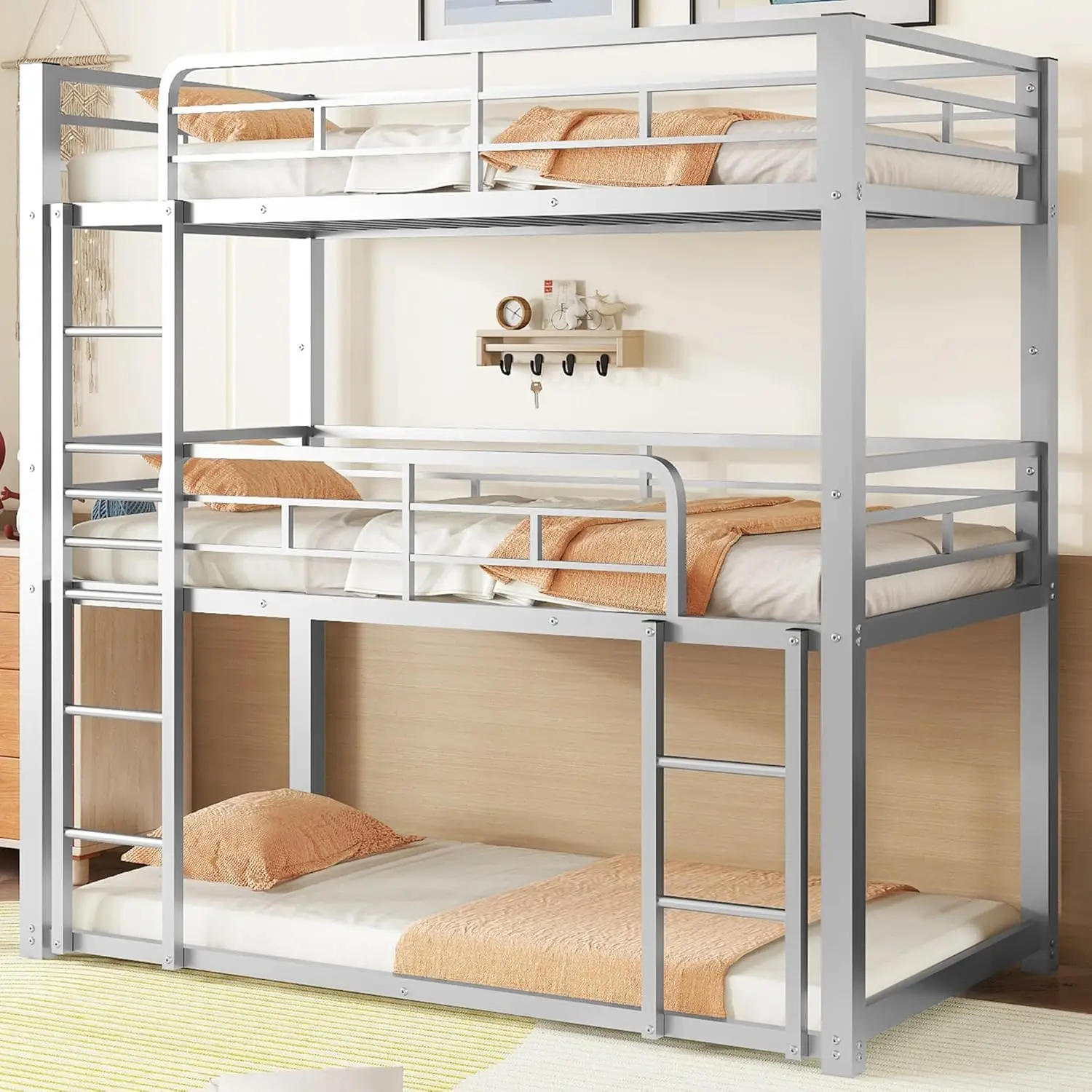 Heavy Duty Triple Bunk Bed Twin Over Twin Over Twin, Metal 3 Bunk Bed With 2 Ladder And Guardrail, Twin Size Triple Bunk Bed