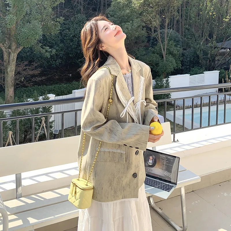 EAEOVNI Giacca da abito con fiocco in pizzo impiombato per donna Moda colletto dentellato Tasche con bottoni Cappotto giacca versatile 2025 Nuovo 1A1133