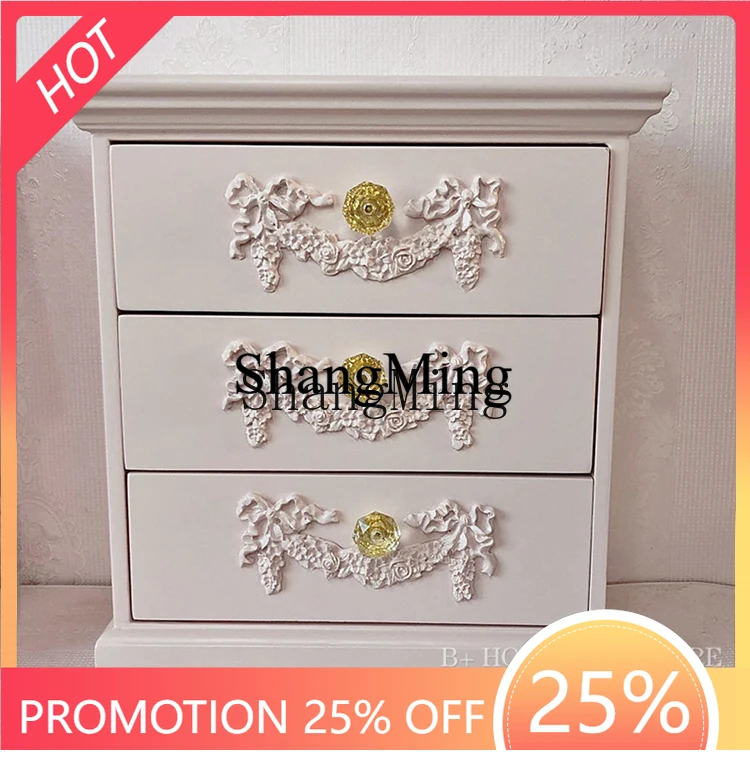 

FG Retro Carved Desktop Miscellaneous Storage Organizer Cosmetics Organizer Three-Layer Countertop Small Chest of Drawers