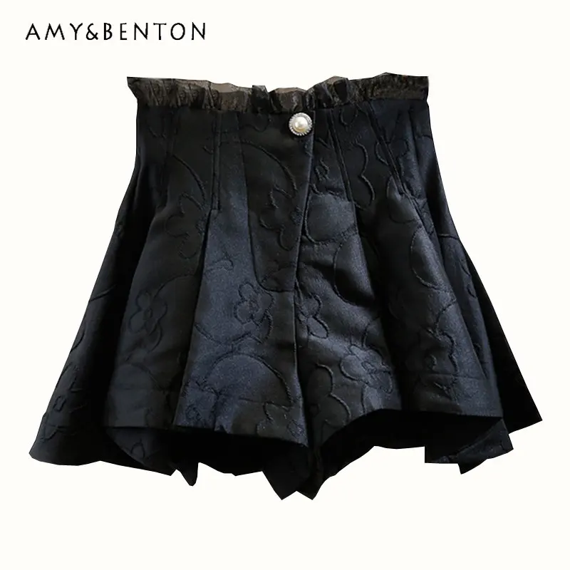 Irregular Pleated Shorts Organza Stitching A-line Wide Leg Casual Shorts Women's Clothing Korean Style High Waist Slimming Pants