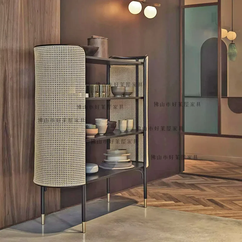Rattan Side Cabinet Solid Wood Rattan Modern Light Luxury Bedside Table Foyer Shoe Change Stool Model Room Bedroom Log Bench