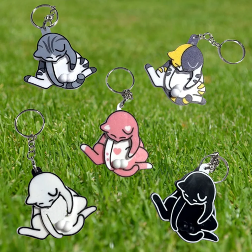 Cute Creative Pull Play Egg Cat Keychain Pendant Car Keys Bag Zipper Purse Funny Rotatable Acrylic Exterior Accessories Hot Sale