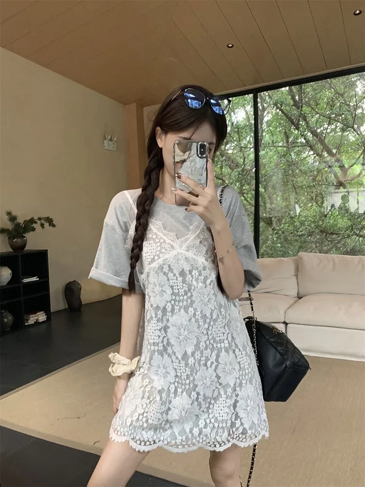 Abito sottoveste in pizzo con occhielli bianchi con scollo a V Abito estivo trasparente in un unico pezzo da donna Elegante abito corto coprente senza maniche da donna