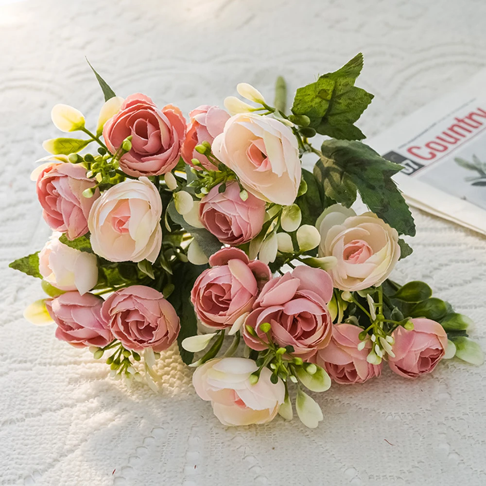 

5 Fork 15 Head Artificial Flowers Silk Rose Small Tea Bud Wedding Wreath Photo Graphy Background Home Room Vase Festival Decor