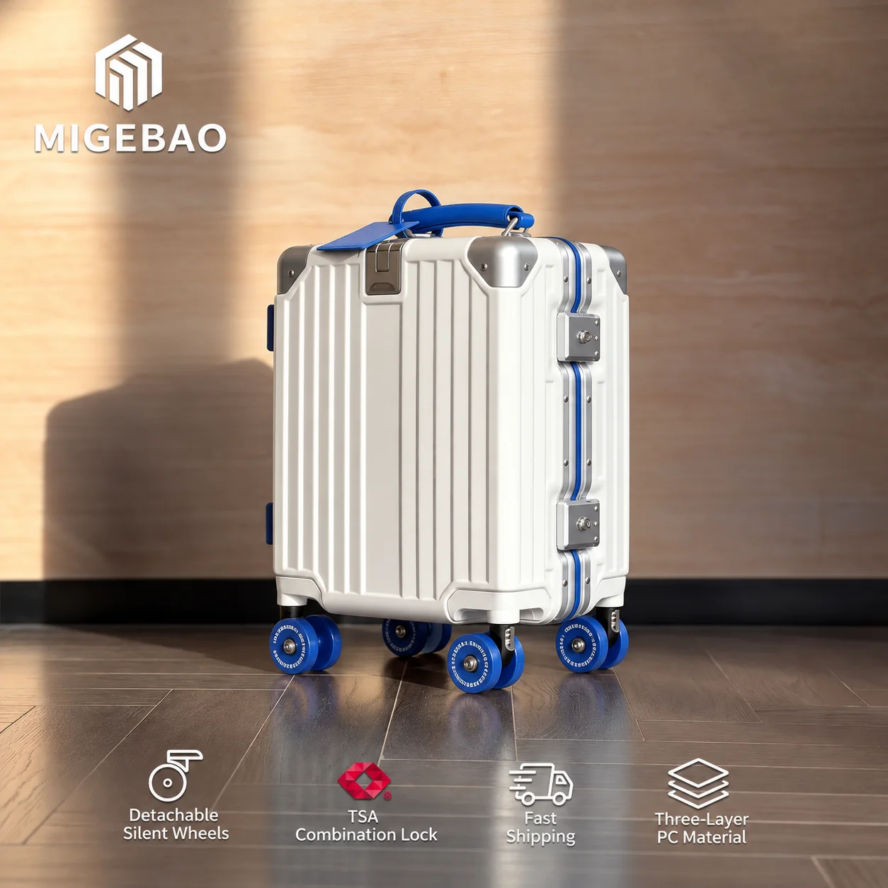 MIGEBAO 14 Inch Premium Two Tone Carry On White Blue Slim Handle Luggage Removable Silent Wheels TSA Lock Durable Travel Case
