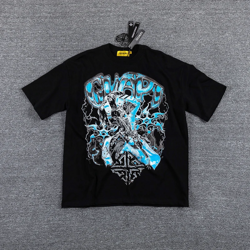 Summer streetwear GUAPI T-shirt High-quality Black Casual Men's Women's Loose Pattern Printed Short Sleeve Tee