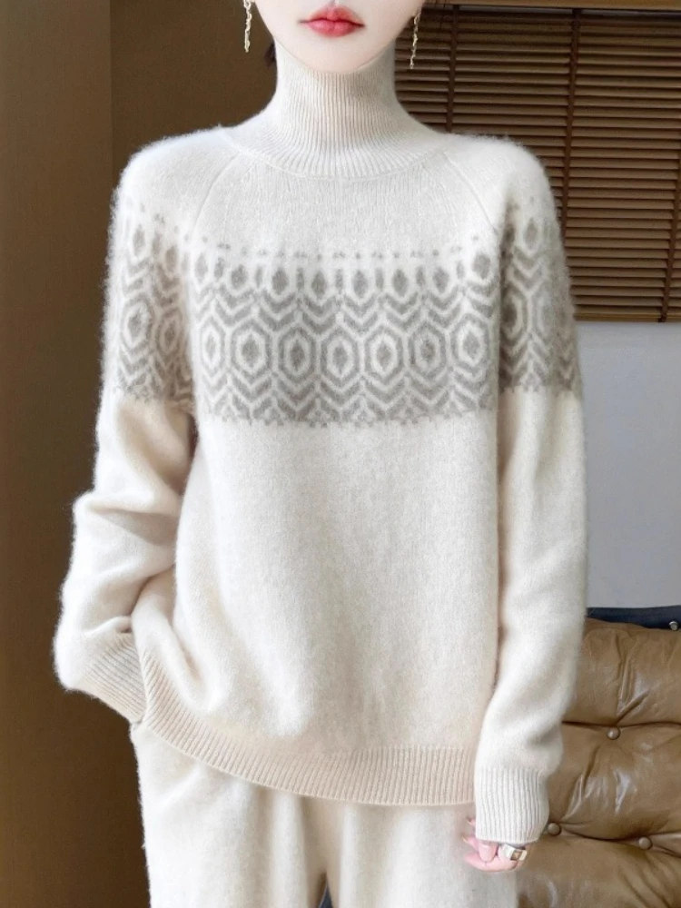 

2025 New Women's Autumn Winter High-Collar Wool Knitted Sweater Loose Pullover Wool Knitted Sweaters Casual Fashion Sweater