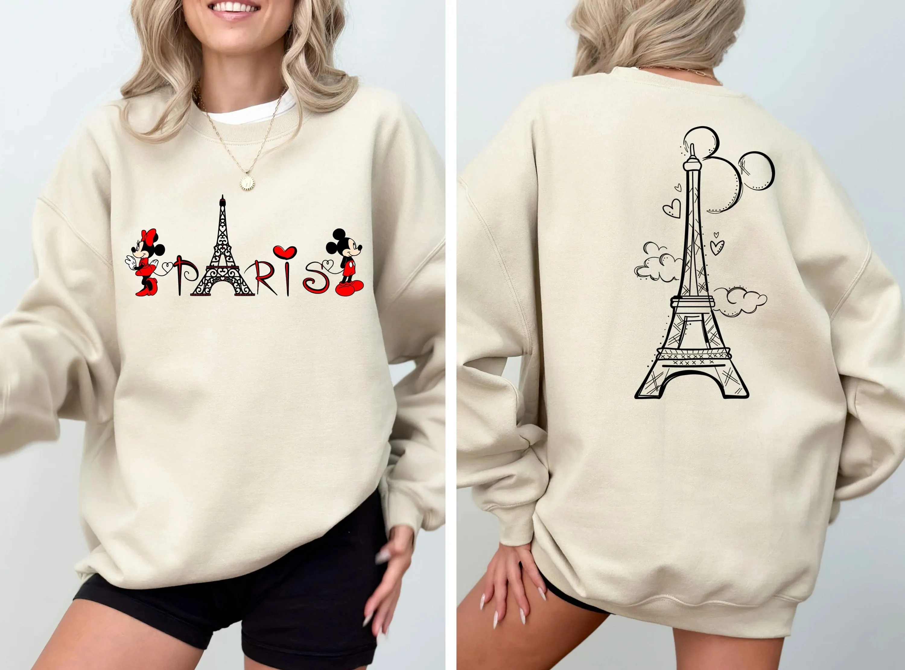 Disney Women's Minnie Mickey Couple Paris Eiffel Tower Sweatshirt Men Cotton Hoodies Pullover Autumn Winter Fleece Oversized Top