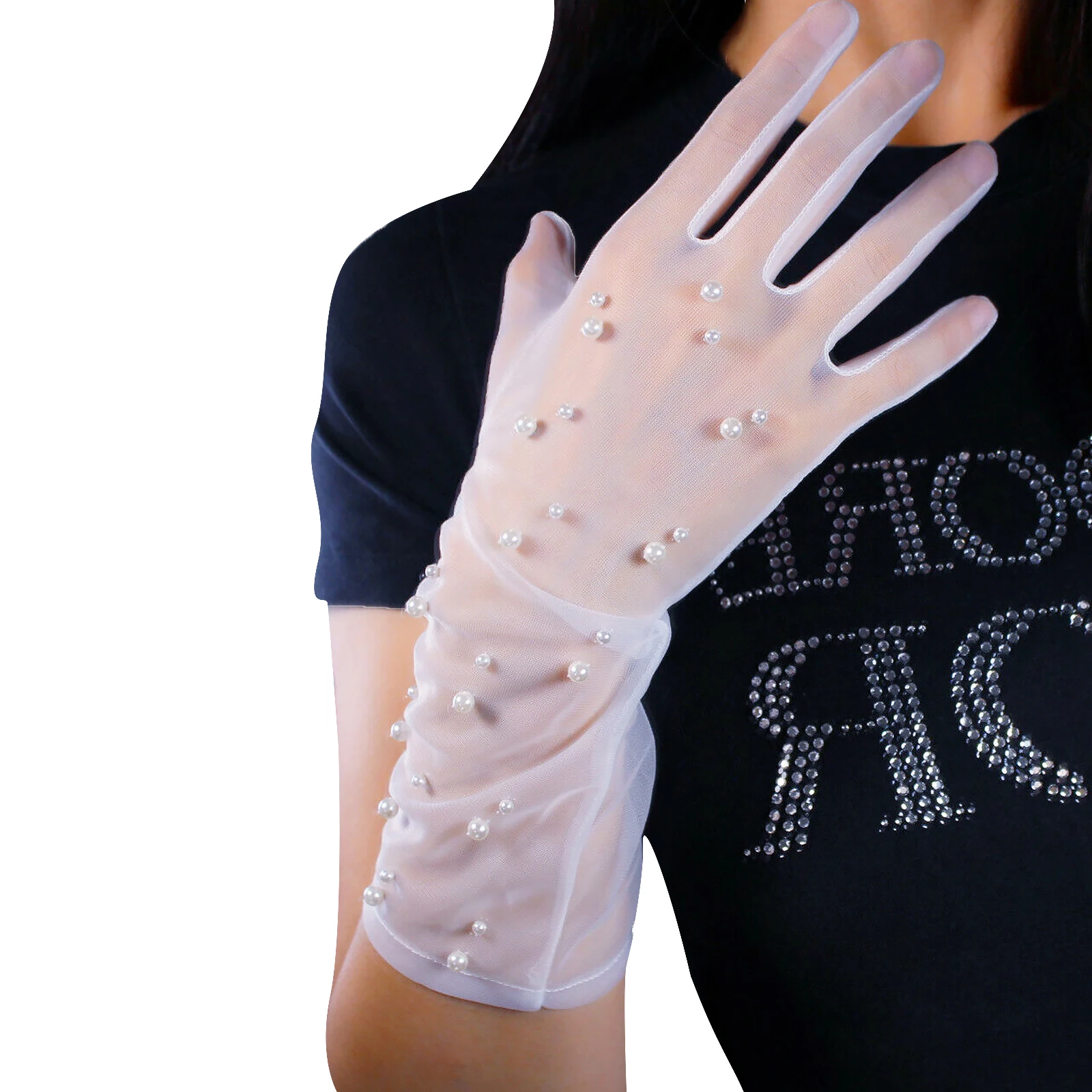 

DooWay Women White Pearl Gloves Tulle Long Lace Mesh Semi Sheer Touchscreen Wedding Bridal Evening Party Opera Dressing Glove