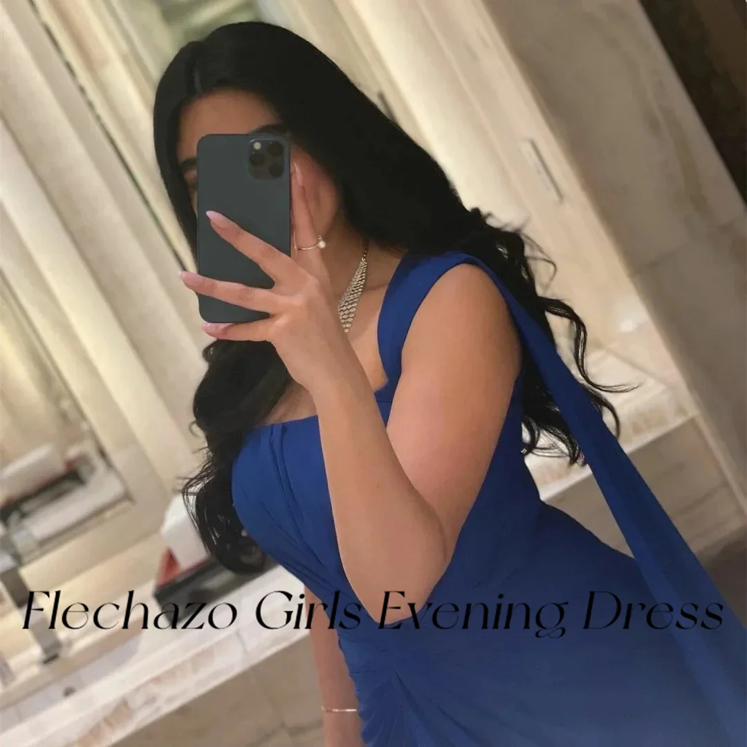 Flechazo Royal Blue Chiffon Evening Dresses Pleated Ruched Long Cape Formal Party Dress For Women 2024 vestidos de noche