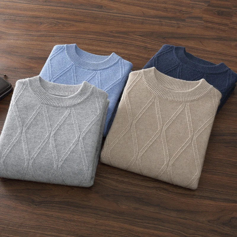 

Кашемировый свитер с круглым вырезом и клетчатым узором, мужская осенне-зимняя одежда, повседневный теплый пуловер, утепленный базовый мужской топ