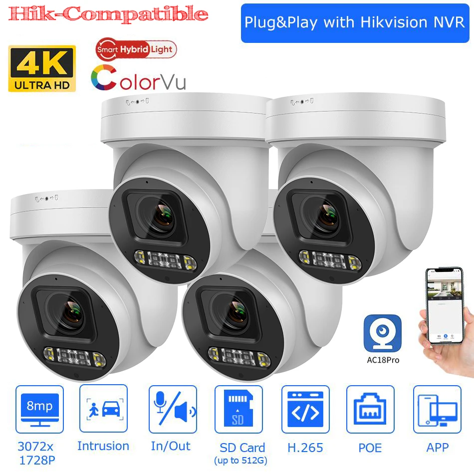 4pcs Hikvision Compatible 8MP PTZ ColorVu IP Camera 5X Zoom Built-in MIC Speaker SD Card slot Surveillance Network Camera P2P