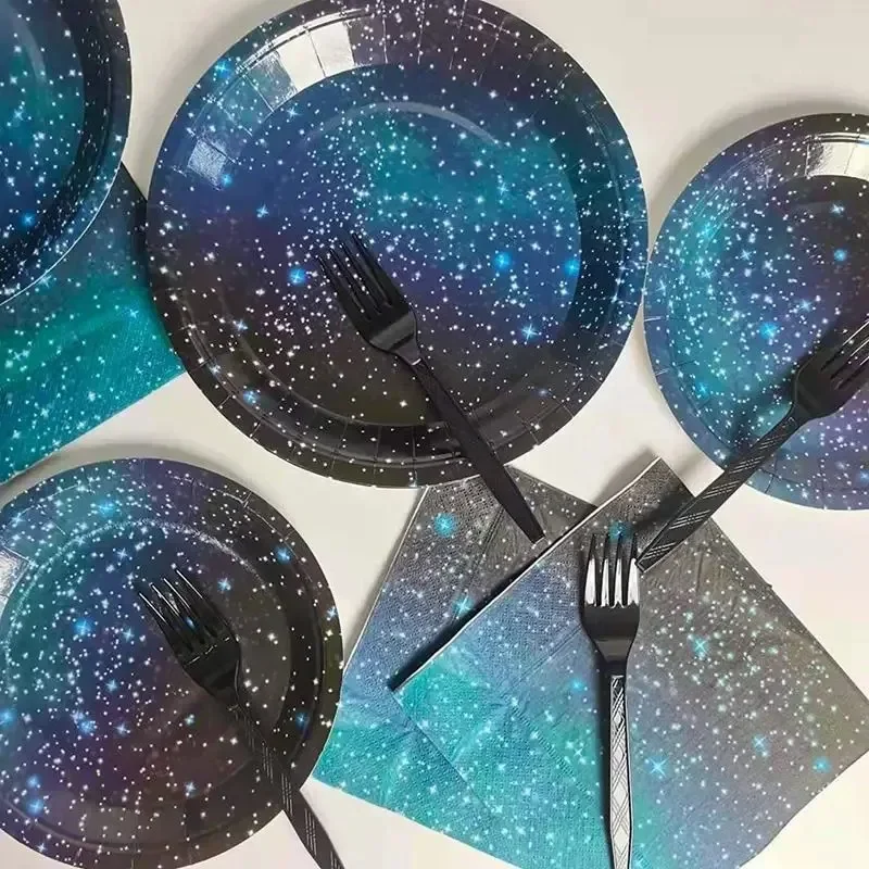 Einweg-Tischgeschirr mit Sternenhimmel-Motiv, Teller, Tasse, Tischdecke, für Erwachsene und Kinder, Sternenfluss, Stern, Weltraum, Geburtstagsparty-Dekoration