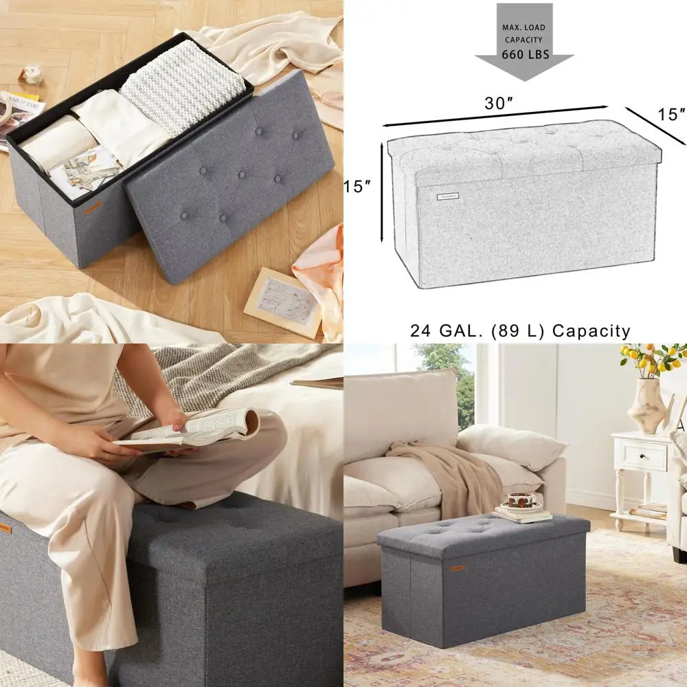 

30 льняных серых оттоманских скамьев для хранения вещей и пуговиц для гостиной, спальни или прихожей, опоры 660 фунтов