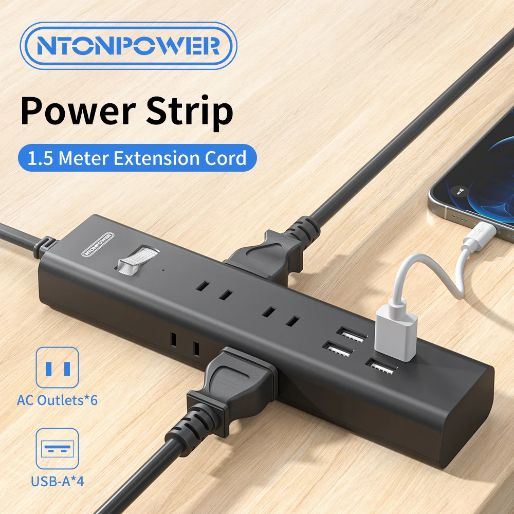 

6-Outlet AC Power Strip with 4-Port USB-A Fast Charging 1.5m Extension Cord Japanese Plug Compact for Tight Spaces