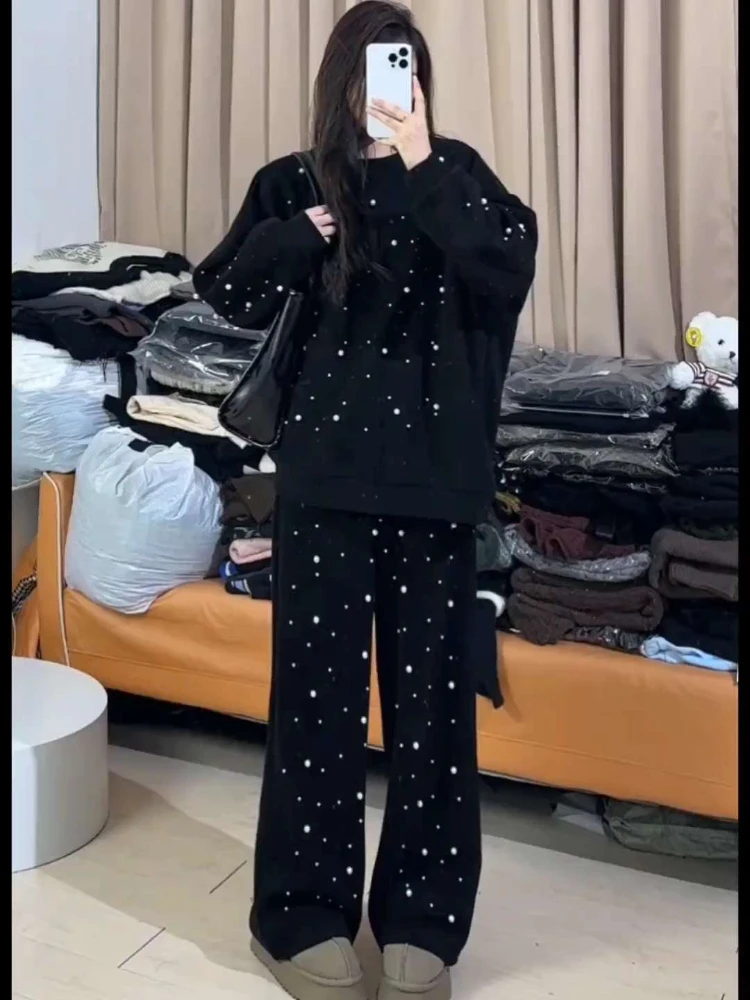 Fashion Bead Leisure Sports Suit for Women Spring Autumn Loose Crew Neck Pullover Sweatshirt and Wide Leg Pants Two-Piece Set