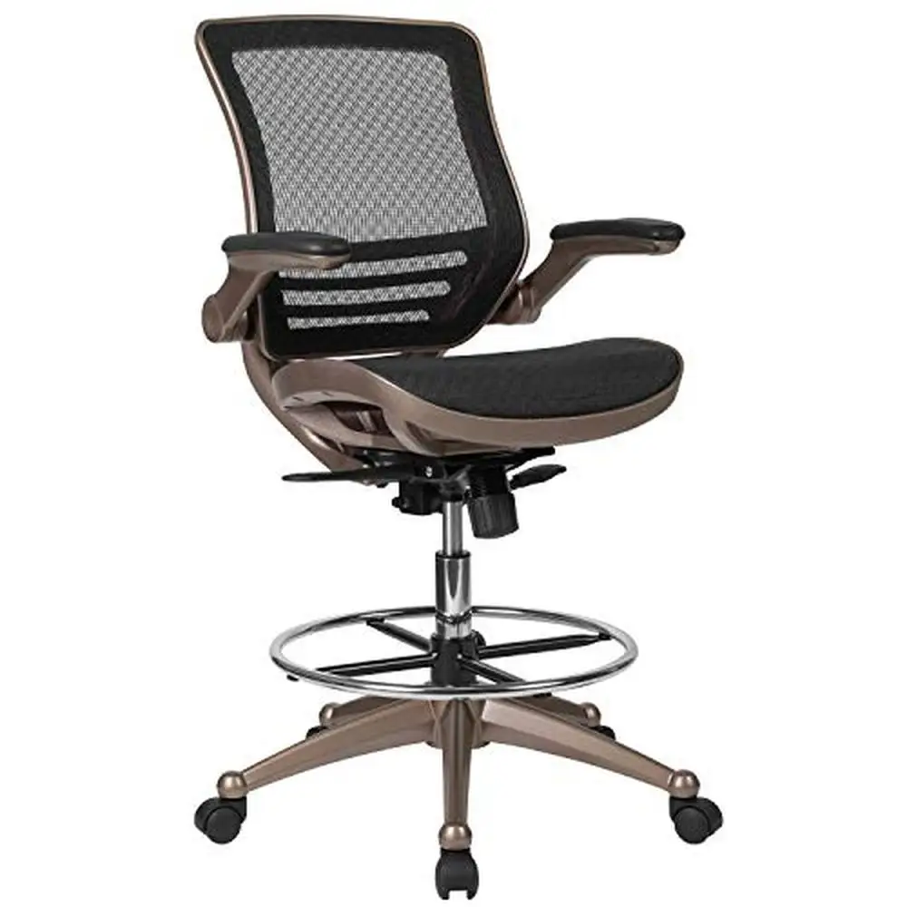 Mesh Mid-Back Drafting Chair with Flip-Up Arms and Chrome Foot Ring Adjustable Height  Tilt