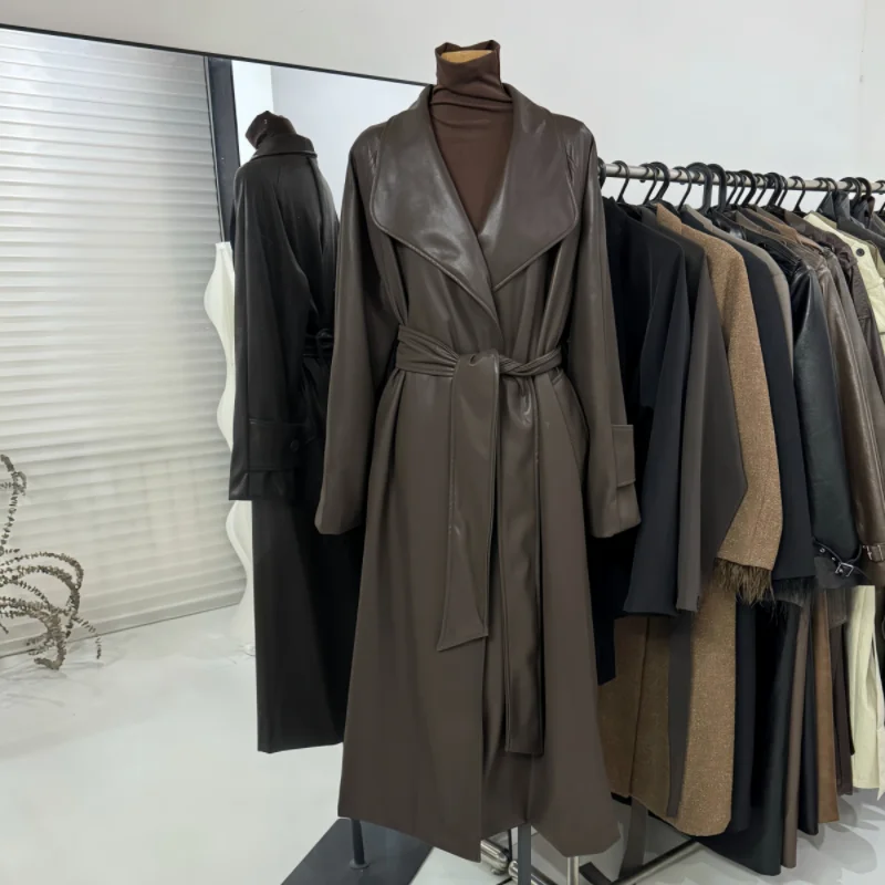 Autumn Winter Long Leather Coat Women 2025 New Fashion Loose Temperament The Waist Windbreaker Pure Colour Outerwear Female