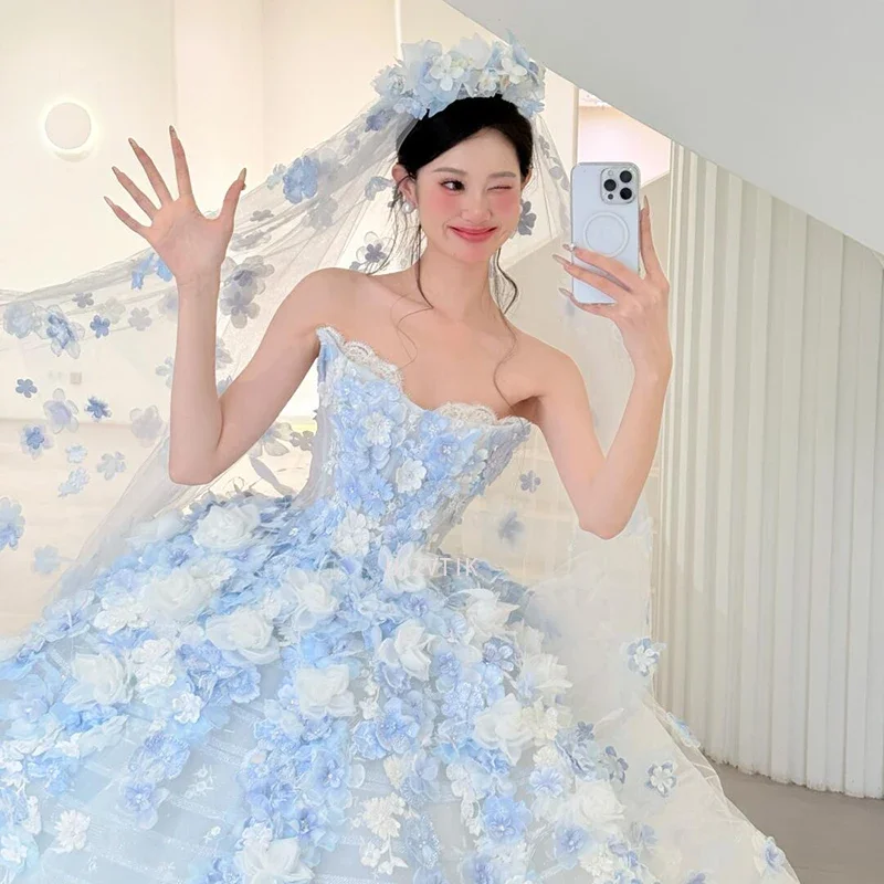 الزهور الزرقاء فساتين زفاف الزفاف النساء منتفخ الجنية فساتين السهرة قبالة الكتف ثلاثية الأبعاد الزهور فساتين حفلات Vestidos De Novia #1