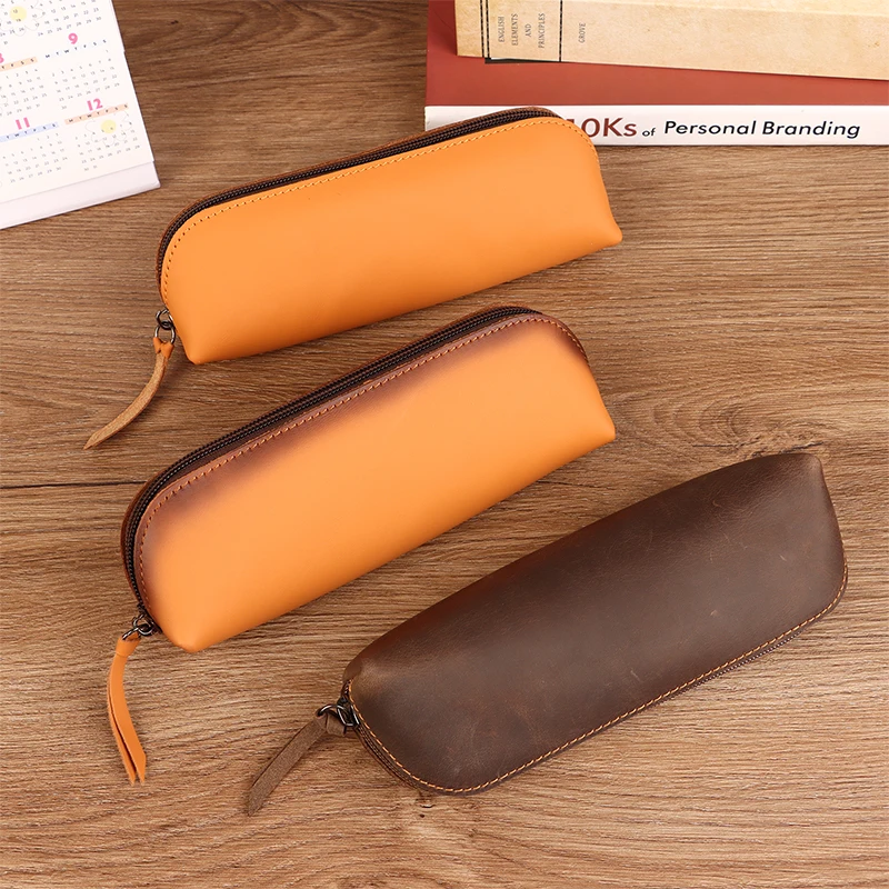 Sac à crayons en cuir vintage, sac de rangement simple, boîte à lunettes, boîte à fermeture éclair, fournitures scolaires