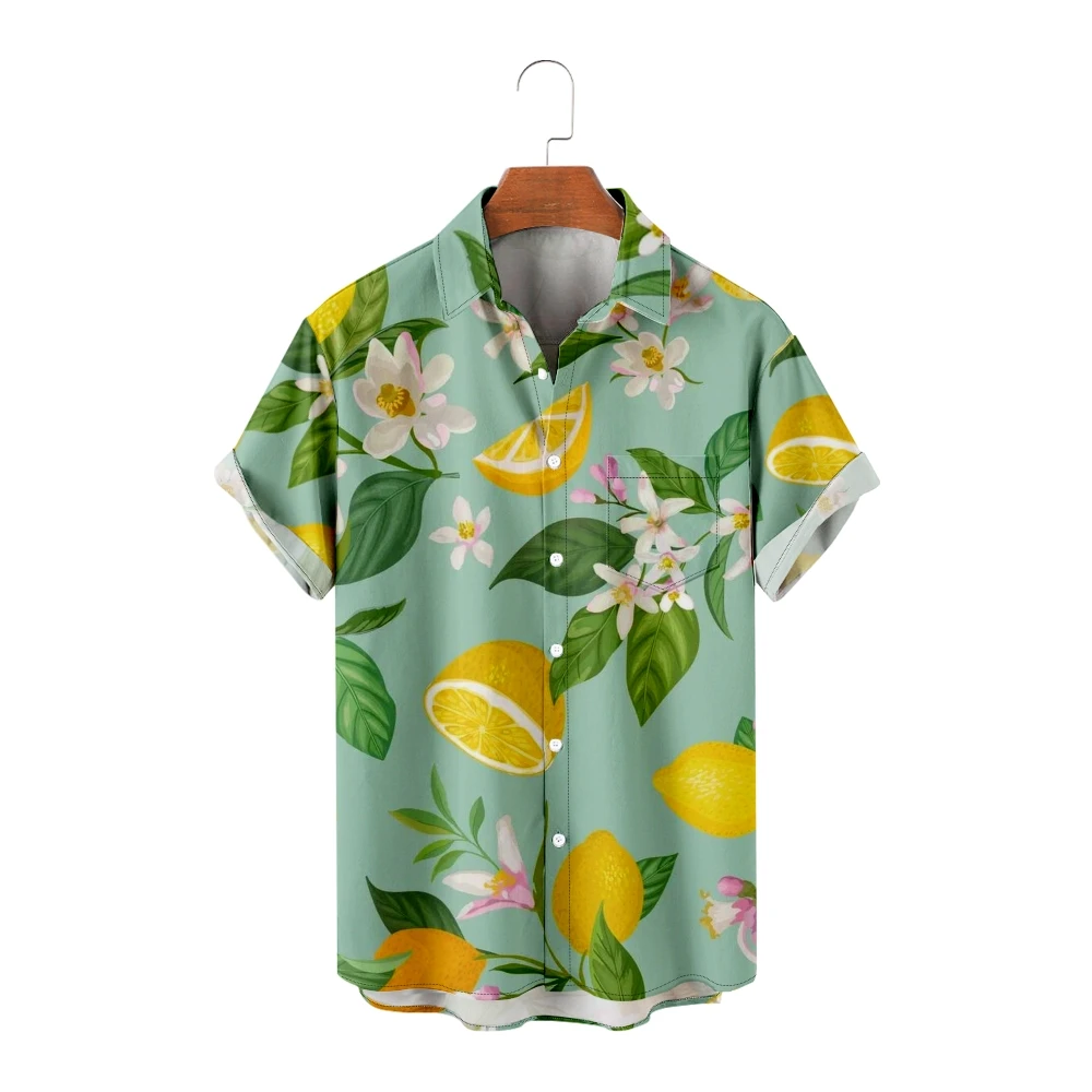 

Men's Hawaiian Shirt loose top lemon print men's shirt fashion shirt men's T-shirt breathable summer short sleeve