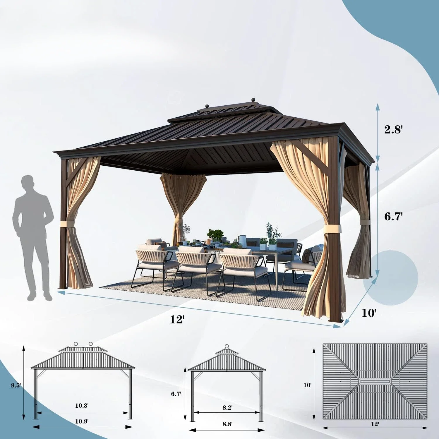 Galvanized Steel Metal Double Roof Aluminum Gazebo with Aluminum Frame for Patio, Lawn & Garden