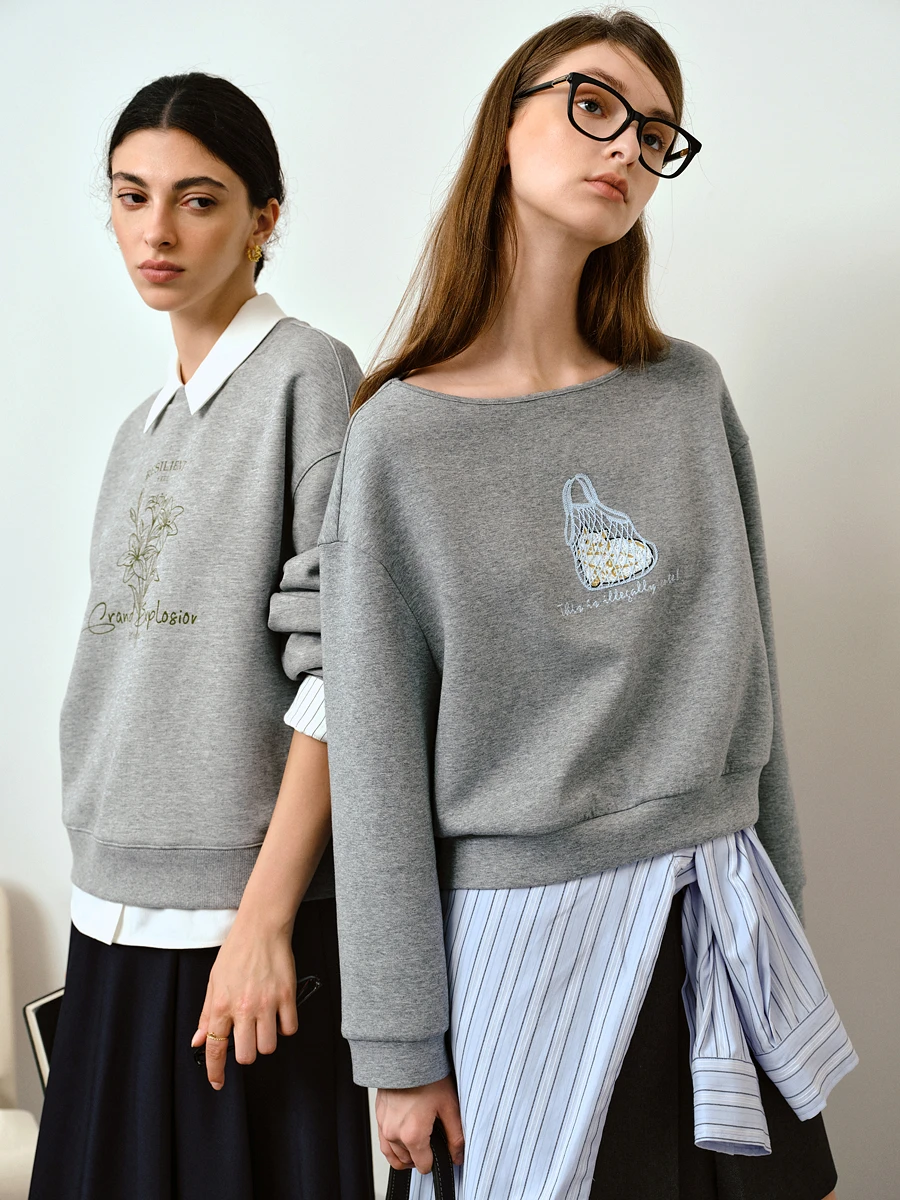 OLrain レディース 2025 秋 スウェットシャツ 新作 カジュアル 無地 クルーネック ショート丈セーター 刺繍柄 長袖 トップス M57QR000131