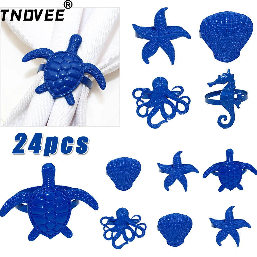 

24Pcs Ocean Themed Napkin Ring Starfish Shell Lobster Sea Turtle Napkin Holder for Home Wedding Holiday Party Coastal Table Deco