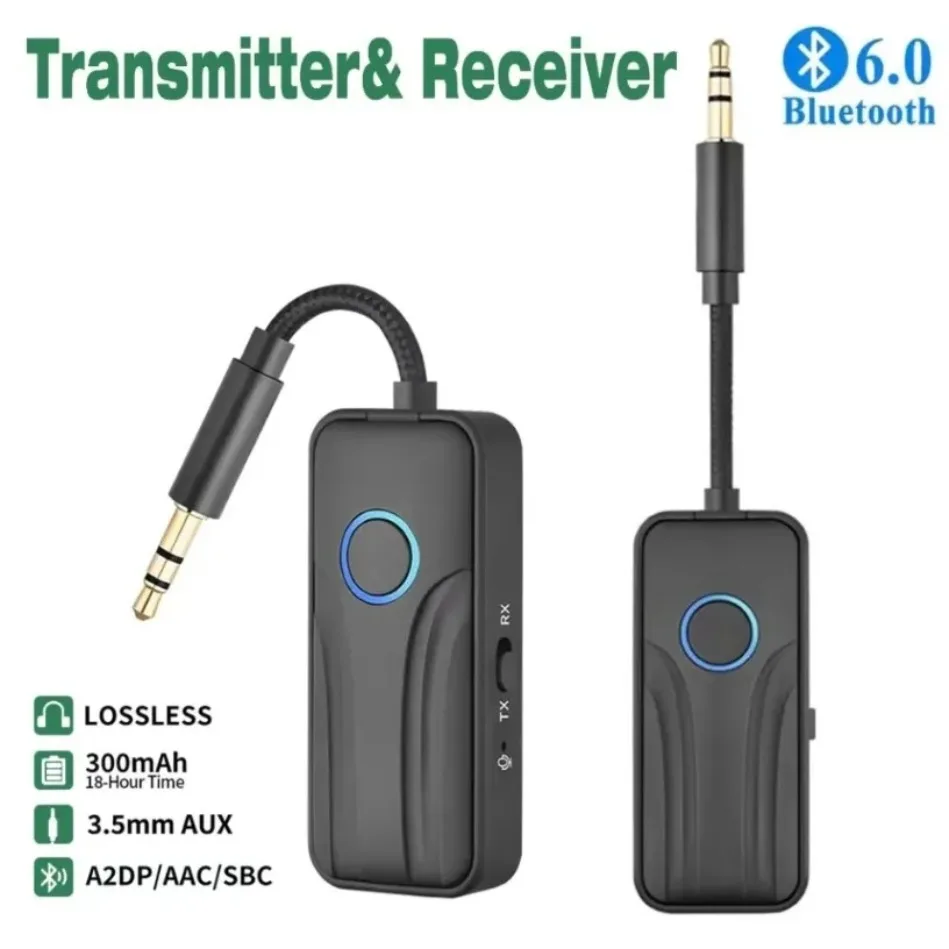 BT 6.0 Audio Adapter 2-in-1 Transmitter Receiver Dual Connection AUX 3.5mm Low Latency For Car TV Stereo Amplifier Black