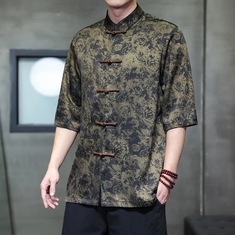 

M-XXXXXL плюс размер 2025 летняя рубашка с коротким рукавом в китайском стиле, однорядная рубашка с принтом лягушки и пуговицами, костюм Тан, воротник, повседневный топ для мужчин