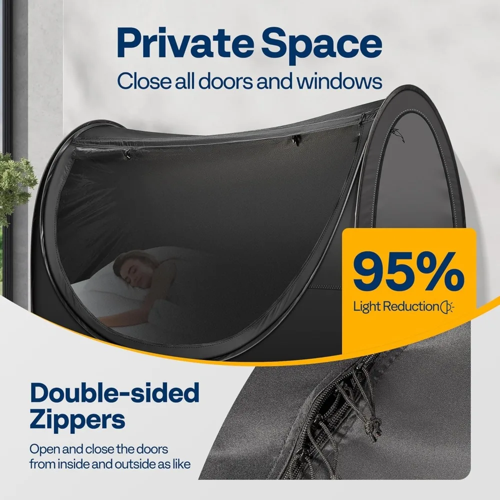 VIVOHOME ポップアップベッドテント ツインサイズ、プライバシーベッドキャノピー（4ドア、蚊帳付き）、通気性のあるオールブラックスリーピングテント（子供用）