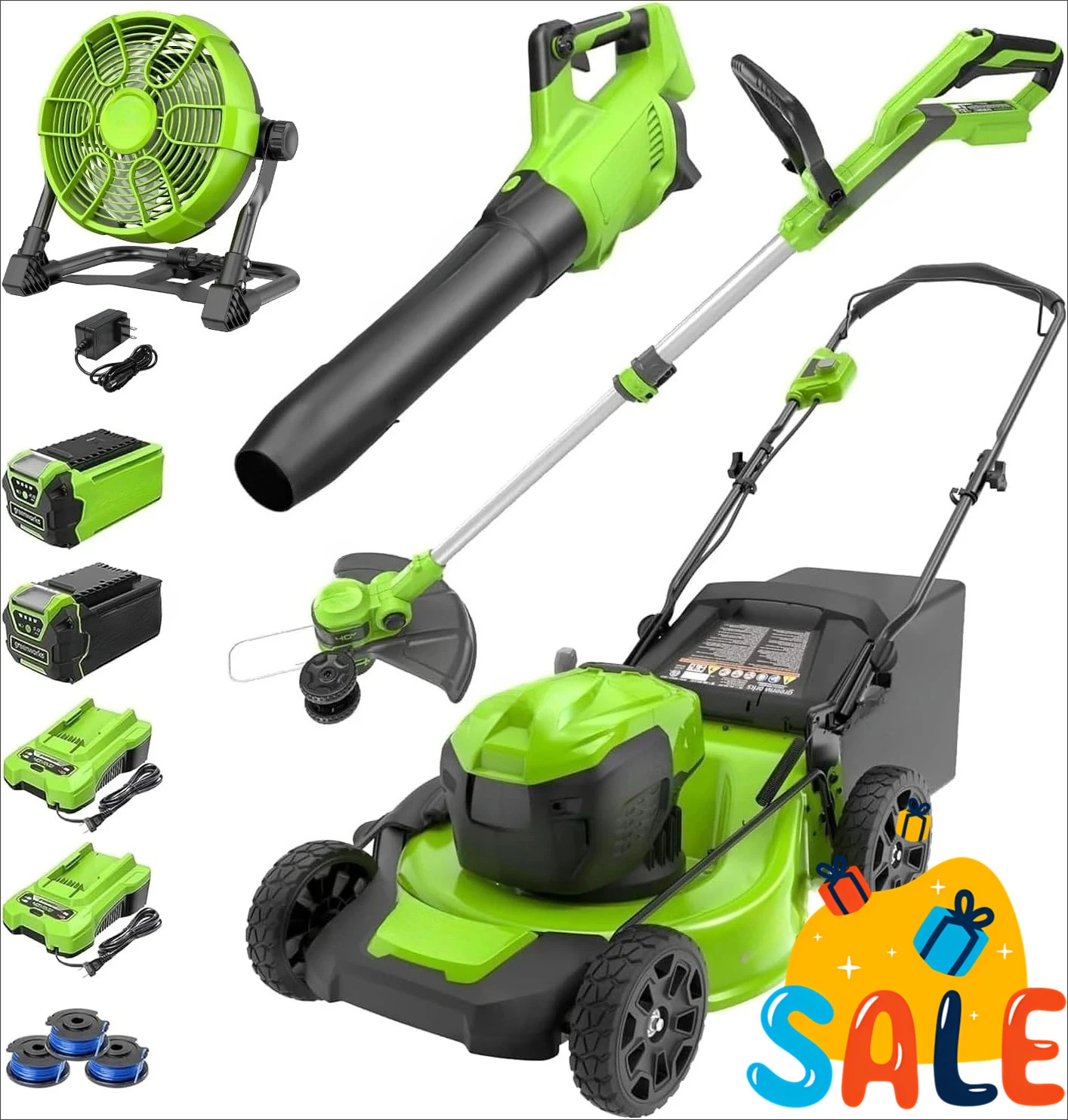 

40V 20" Cordless Push Lawn Mower Bundle with Axial Leaf Blower(500 CFM / 120 MPH), 12" String Trimmer, 10" Tablet Fan (AC/DC)
