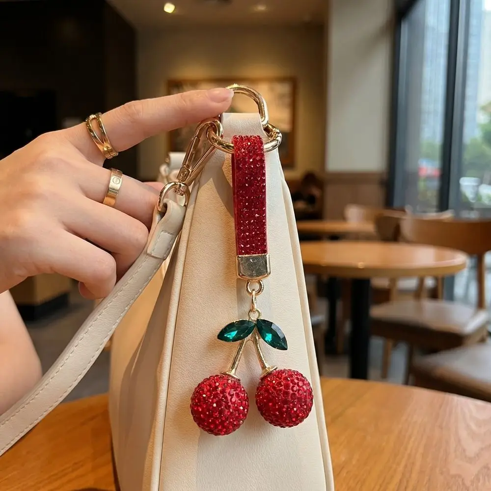 Korean Ins Full Rhinestones Cherry Keychain High-end Blingbling Crystal Cherry Pendant Exquisite DIY Bag Charm Girls Boys