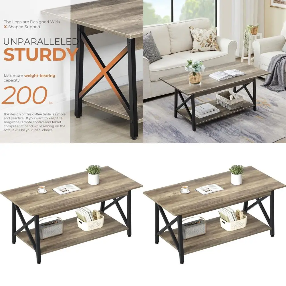 

Large 43 Grey Wash Modern Coffee Table with Storage, X-Frame Design for Space-Saving Living Room