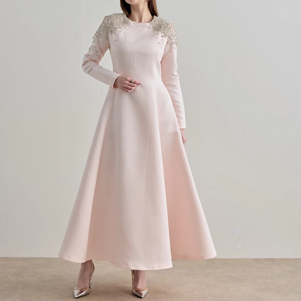 

A-line Mermaid Evening Dresses Tea-length O-neck Full Sleeve Prom Gown Fashion Crystal Simple Draped Casual Customized Gowns