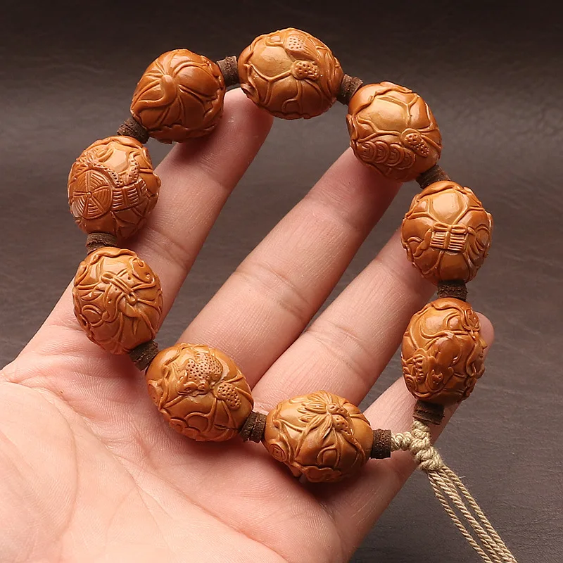 Eight Great Gods of Olive Kernel Bracelet Hand-Carved Popular Old Material Lotus Leaf God of Wealth Collectible Single-St