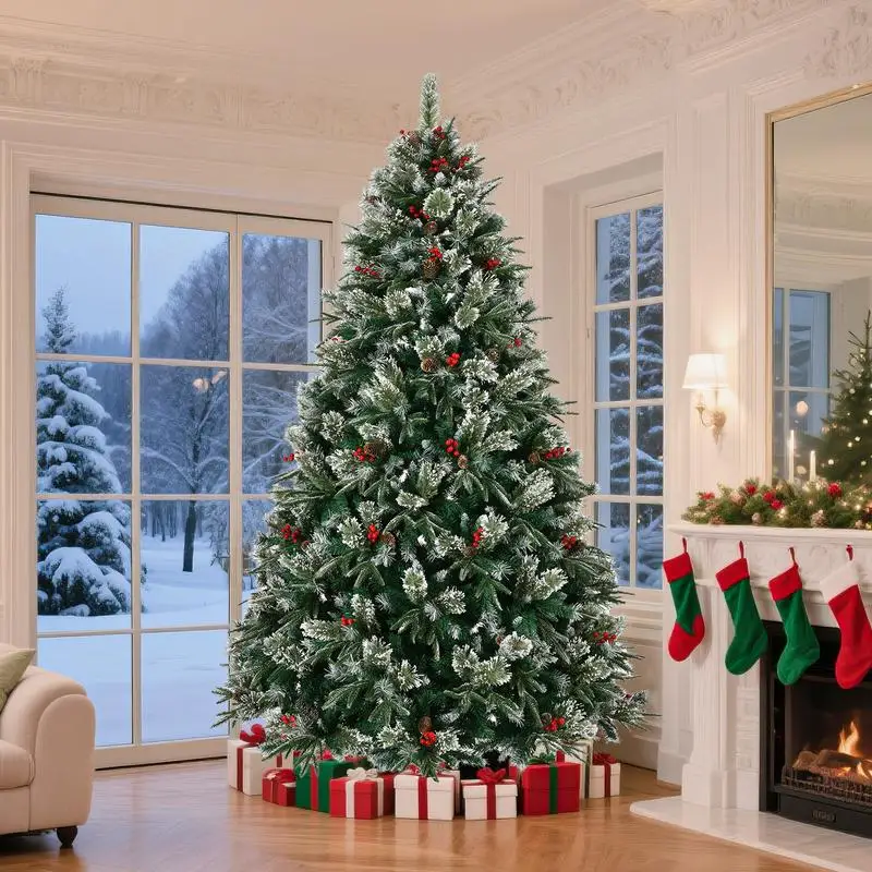 

8FT Snow Frosted Artificial Christmas Tree, Pre-Decorated with Pinecones & Berries, Easy Assembly for Home & Office Holiday