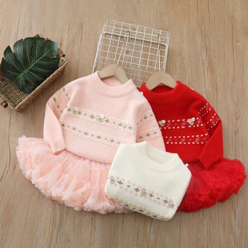 

Одежда для маленьких девочек, вязаный комплект с цветочным узором для девочек, юбка-пачка и свитер из 2 предметов, платье принцессы, осенне-зимний наряд