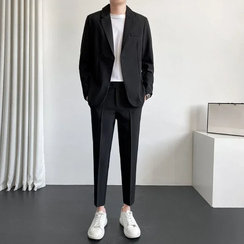 2 Piece Outfit Set Man Grey Blazer Casual Full Suit for Men Korean Spring Autumn Clothing Trends Costumes Luxury Pants Ceremony