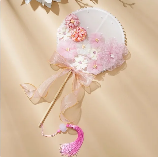 Elegant Long-Handled Fan Traditional Chinese Hanfu Accessory for Photography Wedding Favor with Flowing Tassel Silk Ribbon round