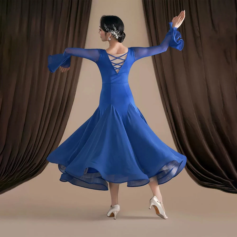 Ballroom Dance Dress Long Flare Sleeve Big Swing Women Waltz Performance Costume Modern Dance Practice Clothes