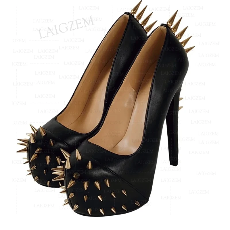 ZHIMA Women Pumps Round Toe Platform Studded Party Thin High Heels Punk Ladies Party Ladies Shoes Woman Large Size 38 42 45 48