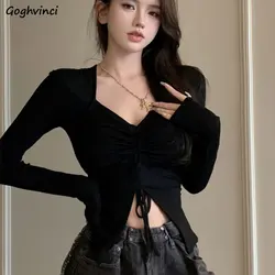 T-shirts Women Sexy Vintage Spring New Shirring Design Long Sleeve V-neck Female Crop Tops Hotsweet Slim Solid Korean Style Chic