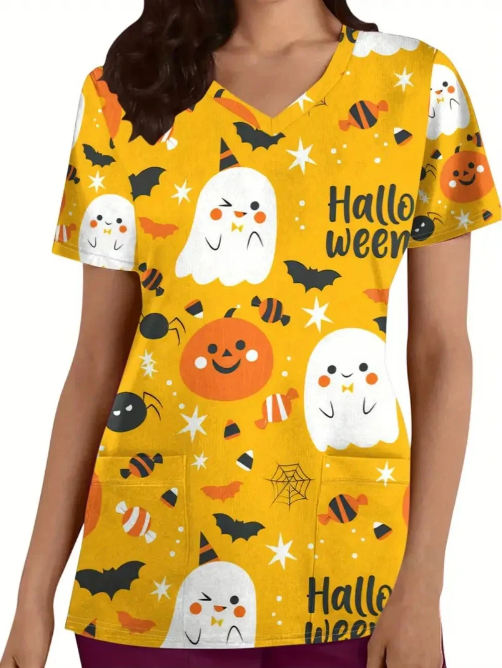 Uniforme chirurgical d'halloween, imprimé fantôme de citrouille mignon, mode d'été, col en v, manches courtes, hauts vétérinaire jaune pour femme, uniformes chirurgicaux