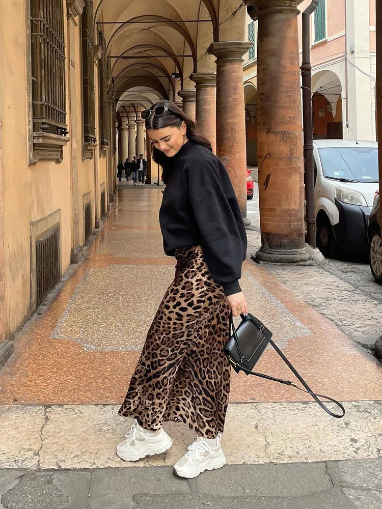 SIYANG 2024 Women Fashion Leopard Print Skirt Vintage High Waist Midi Skirts Elegant Women Summer Casual Streetwear Skirt