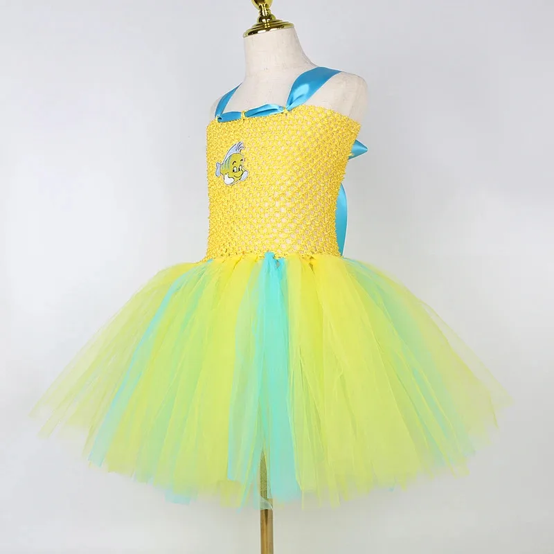 LIttle Mermaid Flounder Costumes for Baby Girls Cartoon Fish Tutu Dress for Kids Birthday Party Outfit Christmas Holiday Clothes