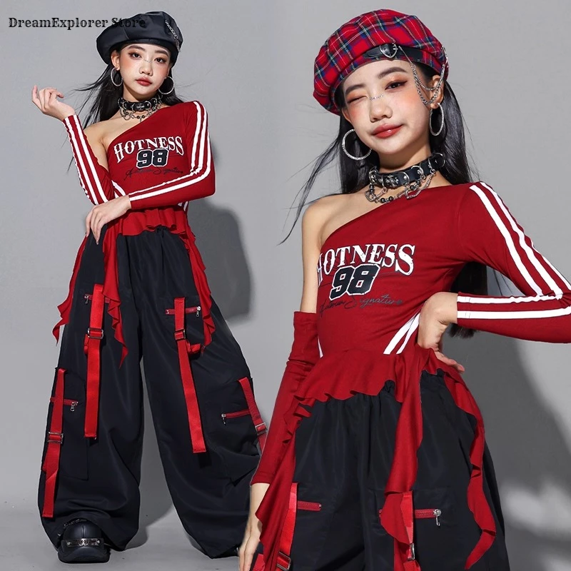 Girls K-pop Fashion Off Shoulder Crop Top ‌Cargo Pants Kids Hip Hop Streetwear Costume Children Teen Jazz Girl Group Clothes Set