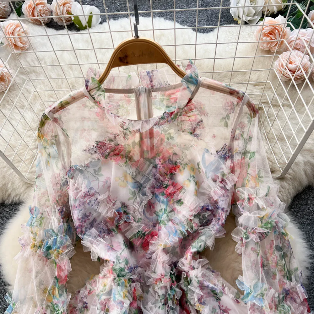 Vestido E de Chiffon com Estampa em Malha, Saia em Camadas de Cintura Alta para Mulheres, Estilo Coreano, Decote Redon...