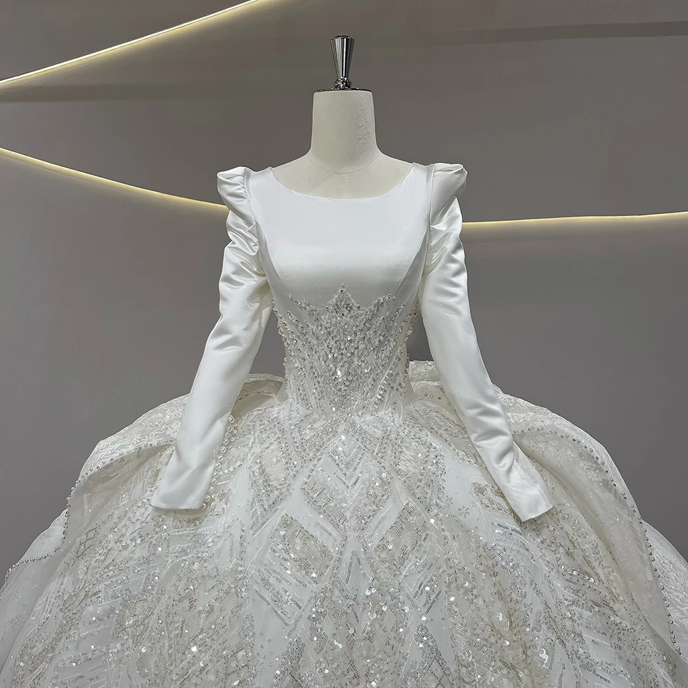 맞춤 제작 2026 신상 웨딩드레스 라운드넥 긴팔 비즈 장식 코르셋 브라이덜 드레스 새틴 웨딩드레스 웨딩드레스 (vestidos de novia boda)